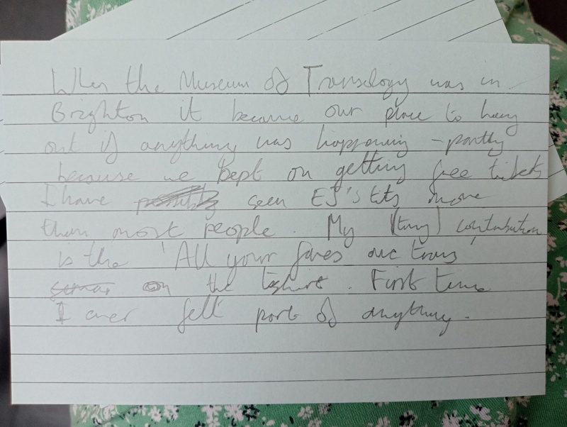 Photograph of a piece of paper with a written reflection on the Museum of Transology in Brighton 