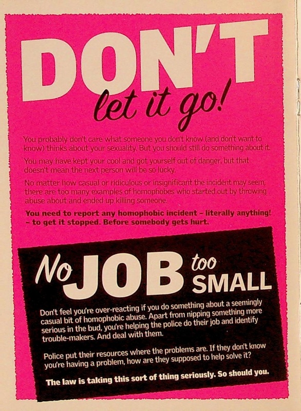 On a pink background the title reads in large font "Don't let it go". text underneath describes the importance of treating homophobic hate crimes seriously and reporting them.