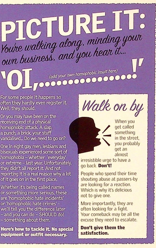 On a purple background title reads "Picture it: You're walking along, minding your own business, and you hear 'OI, (add your own homophobic slur here)!'". Text underneath describes the prevalence of homphobia and hate crimes within the queer community.