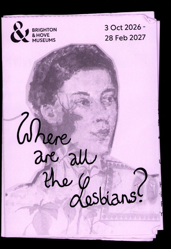 Front cover of a zine for 'where are all the lesbians?' exhibit. Light purple page with black graphic of a woman's painted portrait overlaid with handwritten text reading 'Where are all the Lesbians?'. 