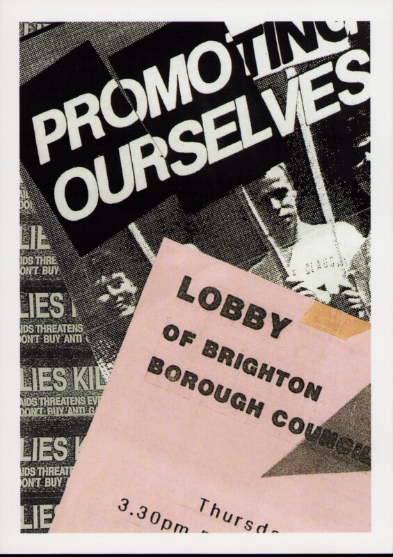 Postcard showing multiple posters layered on top of one another. A black and white poster shows a partially obscured group of activists holding protest banners and the text 'Promoting Ourselves'. Behind it small black and white repeating posters show 'Lies Kill'. A pink poster with some tape residue reads 'Lobby of Brighton Borough Council'.