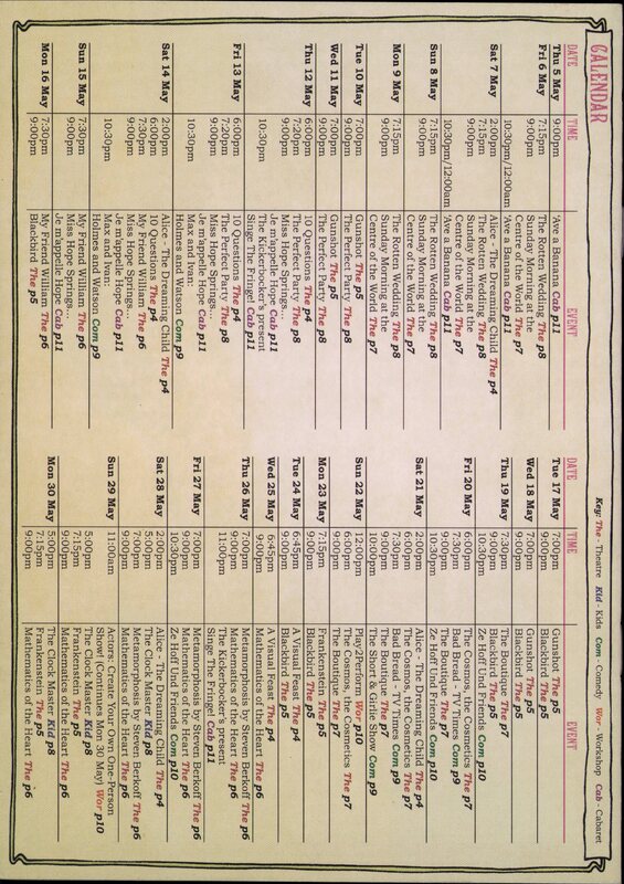 Calendar listing of events from May 5th to May 30th in a table of heavy, small black text. The events include plays, workshops, and other performances with their respective dates, times, and prices.