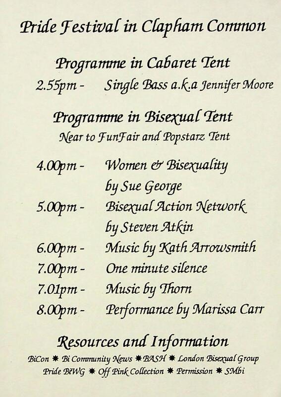 Beige leaflet with black cursive font detailing performers and timings of events at Pride Festival