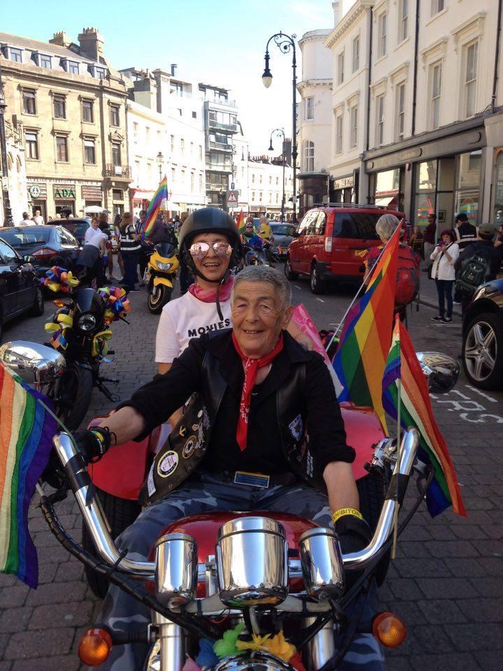 Jay and a friend on her trike at Hastings Pride