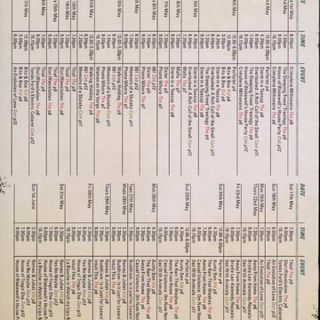 Table of heavy, small print black text showing date and time for each event, under the green title 'Calendar' at the top.