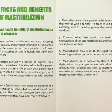 Title reads "The facts and benefits of masturbation" in green font on a white background. Text includes seven sexual health benefits of masturbation.