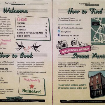 Four sections of information split across two pages of off-white. At bottom right is 'Street Party' in green, under a pink banner reading 'MARLBOROUGH BIRTHDAY'. A photograph shows a four storey red brick building. Black text reads 'This year we are celebrating the Marlborough's 220th Birthday on Saturday May 3rd with an awesome Street Party.'