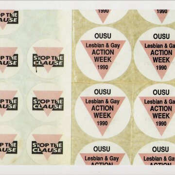 Postcard showing strips of round white stickers. One sticker design shows a pink triangle on white with black text reading 'OUSU Lesbian & Gay ACTION WEEK 1990'. Another sticker design shows a pink triangle bisecting a black rectangle, on white background, with black and white text reading 'STOP THE CLAUSE'.