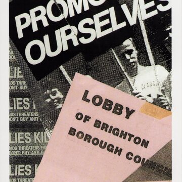 Postcard showing multiple posters layered on top of one another. A black and white poster shows a partially obscured group of activists holding protest banners and the text 'Promoting Ourselves'. Behind it small black and white repeating posters show 'Lies Kill'. A pink poster with some tape residue reads 'Lobby of Brighton Borough Council'.