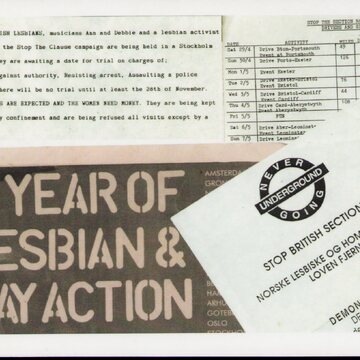 Postcard showing four text-based archival materials layered on top of each other. Top left shows a paragraph on white paper reading 'THREE BRITISH LESBIANS, musicians Ann and Debbie and a lesbian activist Miriam, of the Stop the Clause campaign are being held in a Stockholm prison. They are awaiting a date for trial on charges of: Violence against authority, Resisting arrest, Assaulting a police officer. There will be no trial until at least the 28th of November. HEAVY FINES ARE EXPECTED AND THE WOMEN NEED MONEY. They are being kept in solitary confinement and are being refused all visits except by a lawyer. Top right shows a list of names and dates on white paper under the heading 'STOP THE SECTION NATIONAL TOUR DRIVERS AND SPEAKERS'. Bottom right shows a poster on white paper with the logo of a black circle intersected by a black rectangle overlaid with white text reading 'NEVER GOING UNDERGROUND'. Text beneath reads 'STOP BRITISH SECTION 28 ! NORSKE LESBISKE OG HOMOFILE KREVER LOVEN FJERNET !' and further text in Swedish on details of a demonstration. Bottom left shows a pink poster with a black box, inside which text reads 'A YEAR OF LESBIAN & GAY ACTION'.