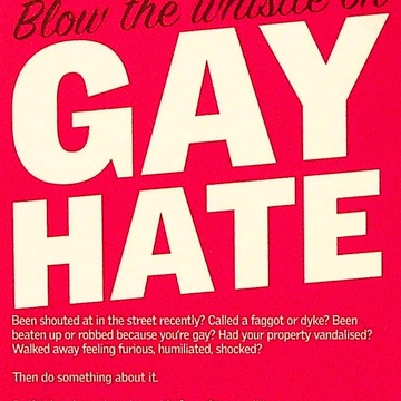 Page 1 of booklet contains a graphic of a whistle on a red background. Underneath the title "Blow the whistle on GAY HATE" in large font is an introduction to the booklet and what it contains.